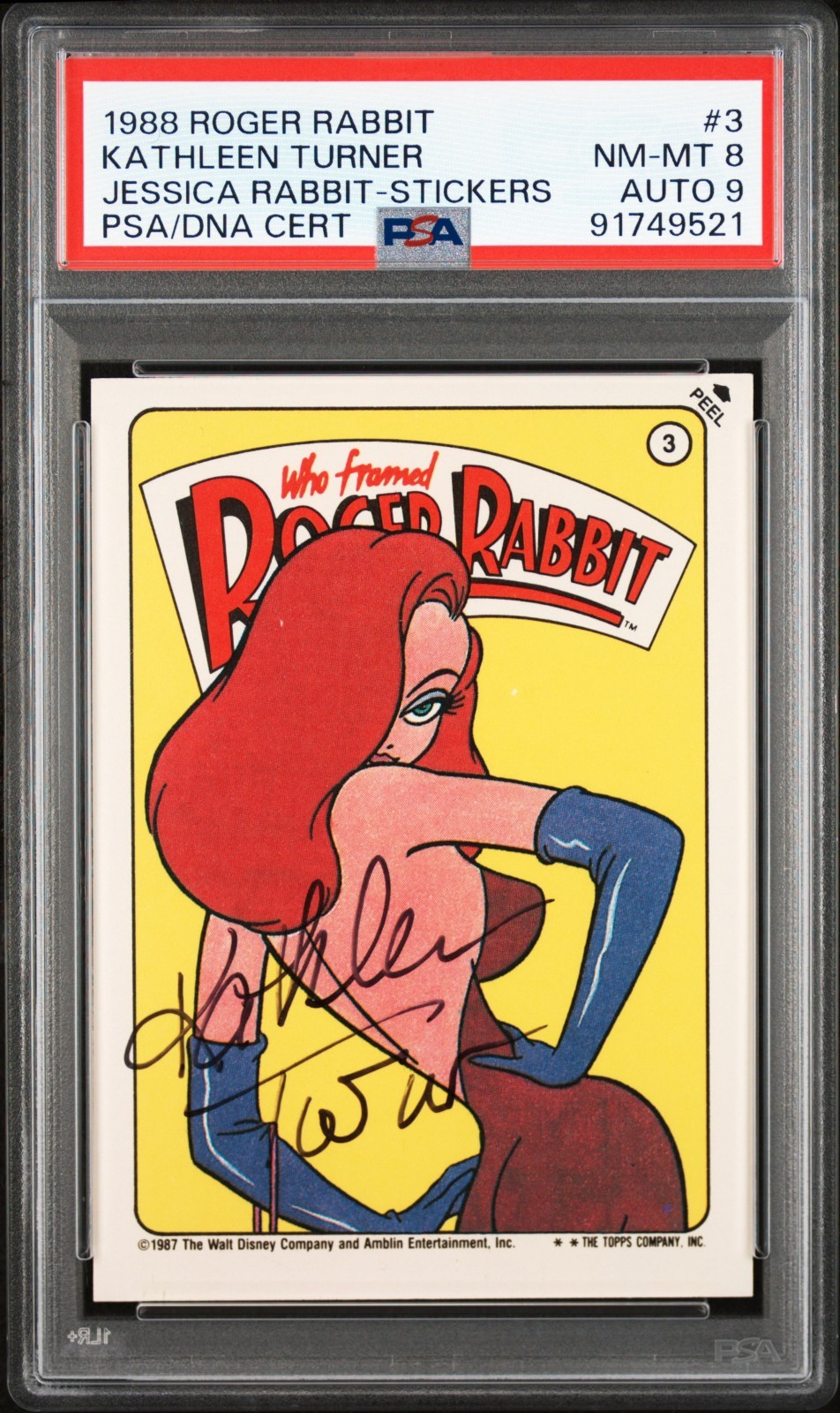 1988 JESSICA RABBIT DISNEY STICKER CARD #3 SIGNED / AUTO KATHLEEN TURNER PSA 8/9 1988 JESSICA RABBIT DISNEY STICKER CARD #3 SIGNED / AUTO KATHLEEN TURNER PSA 8/9