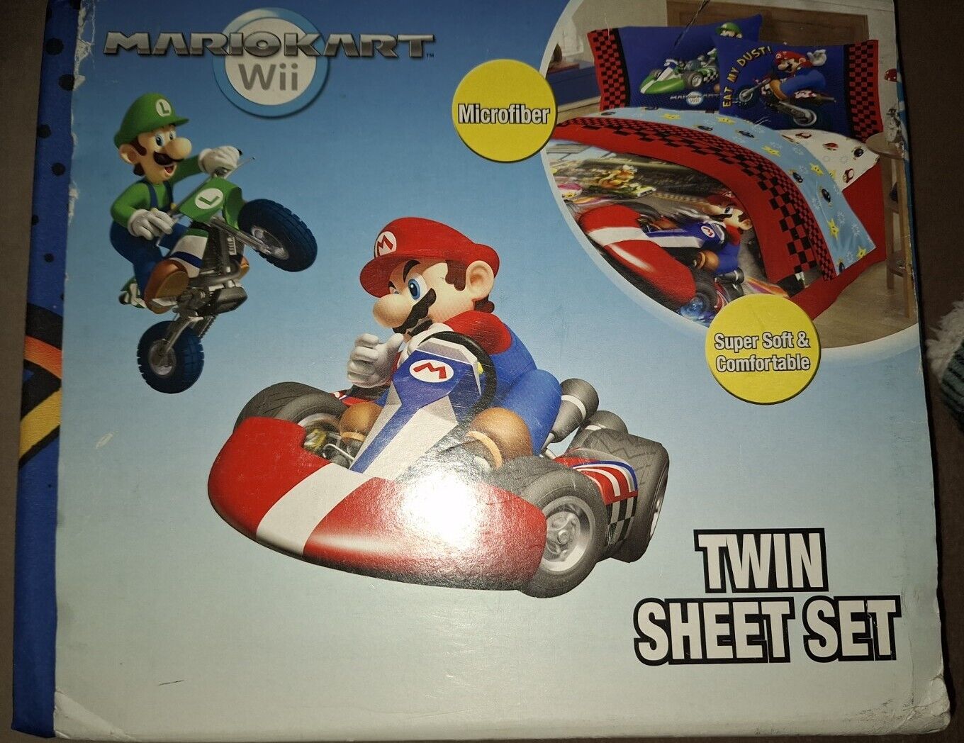 Nintendo Wii Mario Kart Twin Bed Sheet Set Fitted & Flat Sheet & Pillowcase