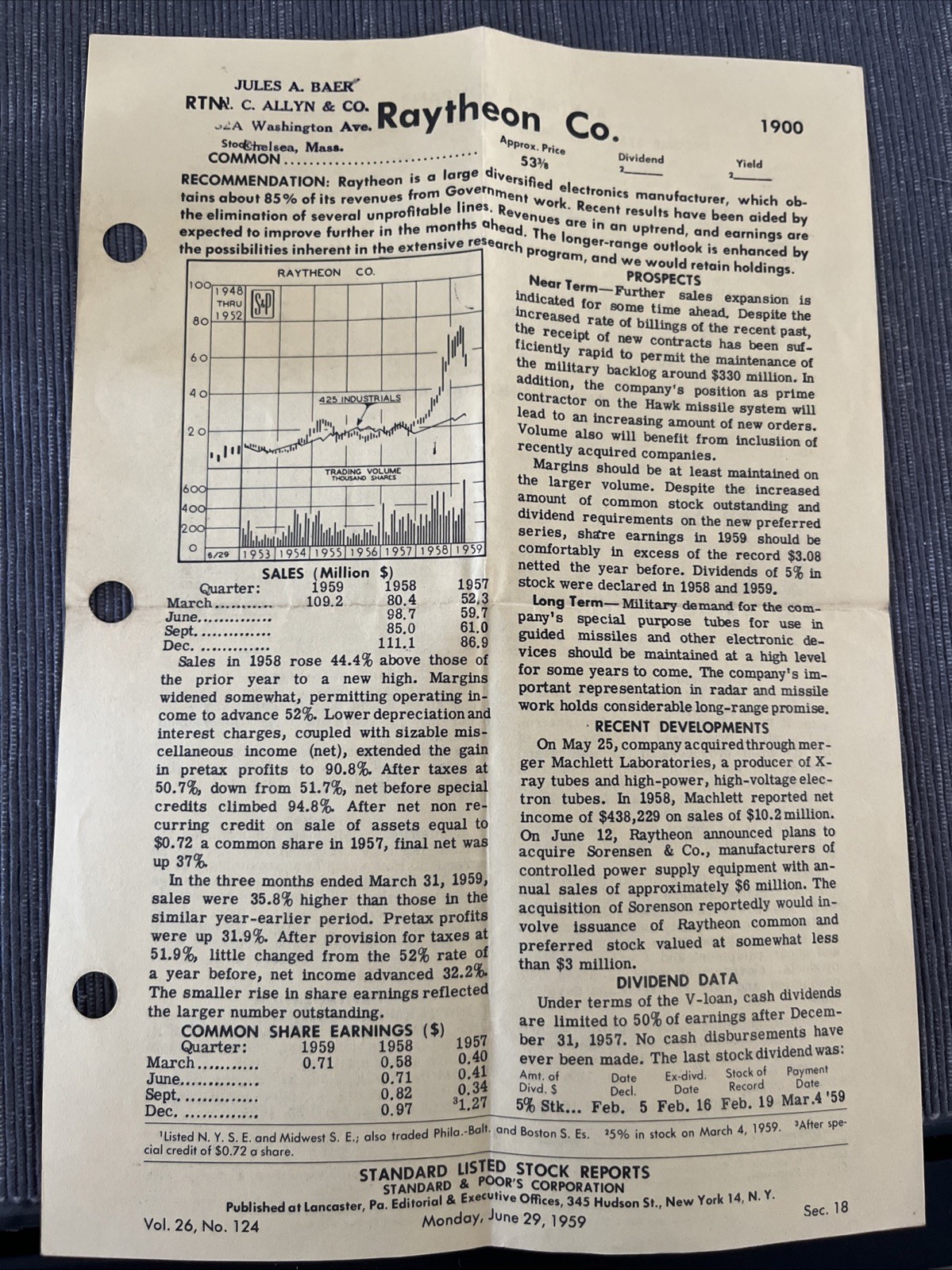 1959 June 29 Raytheon S&P Stock Report 1959 June 29 Raytheon S&P Stock Report