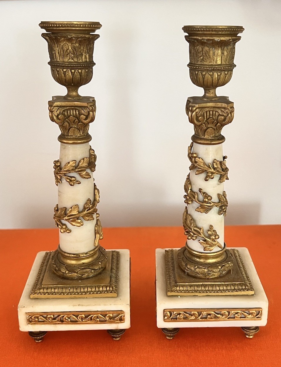 Pair Antique French Empire Gilt Bronze Ormolu Marble Candlesticks Neoclassical Pair Antique French Empire Gilt Bronze Ormolu Marble Candlesticks Neoclassical