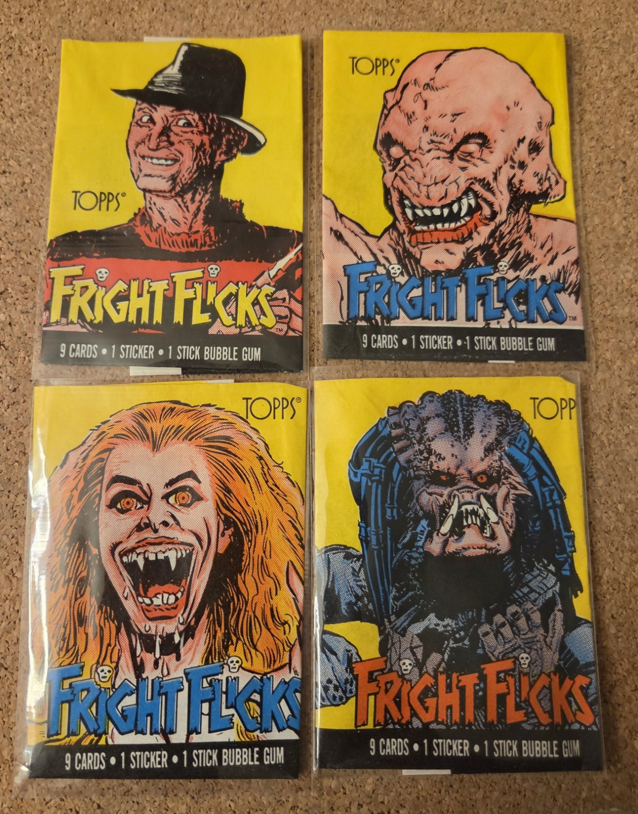 1988 Topps Fright Flicks Complete 4 Wax Wrapper Set Freddy Predator Horror EX 1988 Topps Fright Flicks Complete 4 Wax Wrapper Set Freddy Predator Horror EX