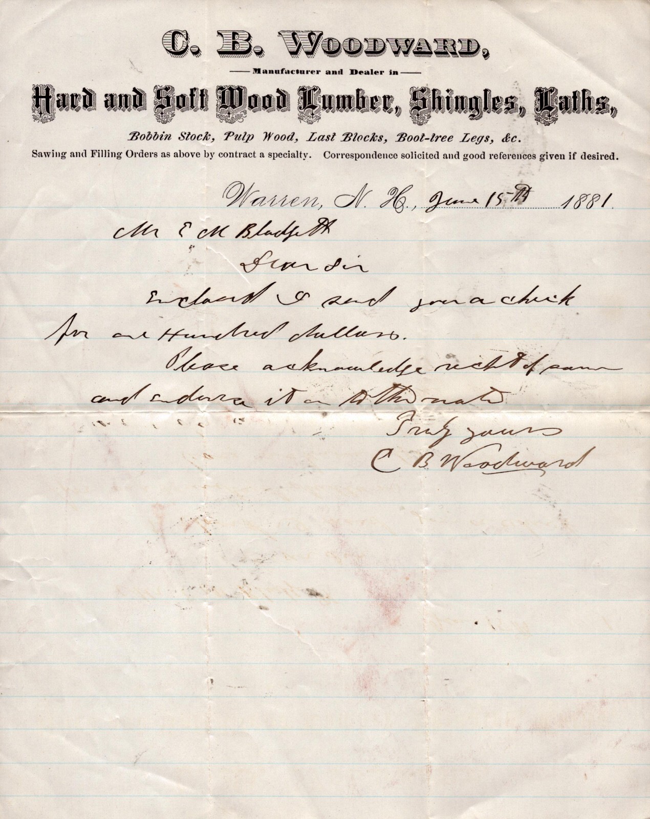 1881 Letterhead - C.B. Woodward Lumber - Warren, New York 1881 Letterhead - C.B. Woodward Lumber - Warren, New York