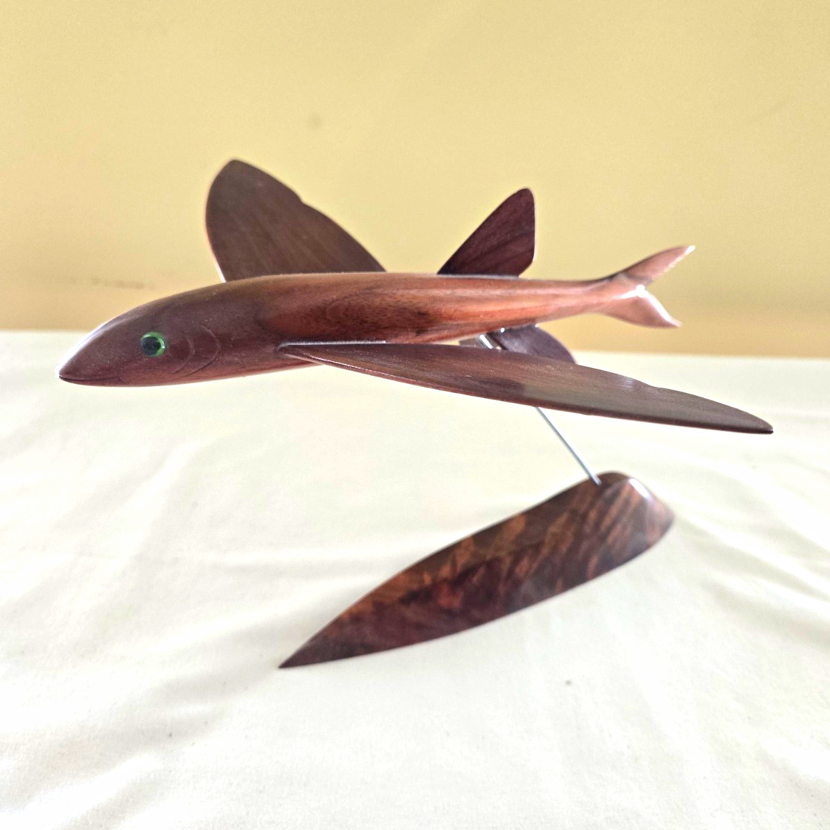Handmade Hand-Carved Wood Flying Fish Sculpture on Stand Signed E. White 1973 Handmade Hand-Carved Wood Flying Fish Sculpture on Stand Signed E. White 1973