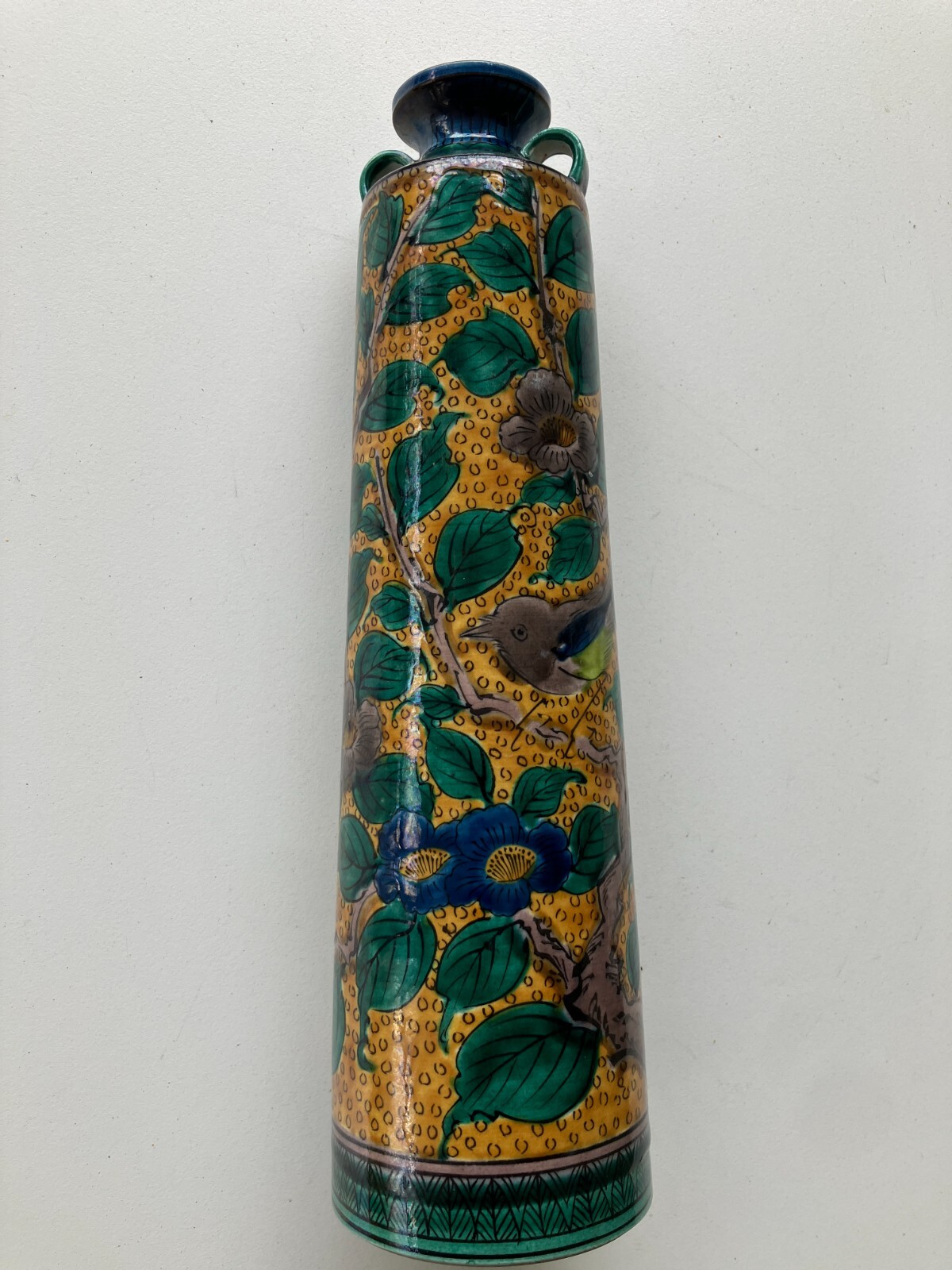 Vtg Japanese Kutani Midcentury Green Yellow Bird in a Floral Vine Pottery Vase Vtg Japanese Kutani Midcentury Green Yellow Bird in a Floral Vine Pottery Vase