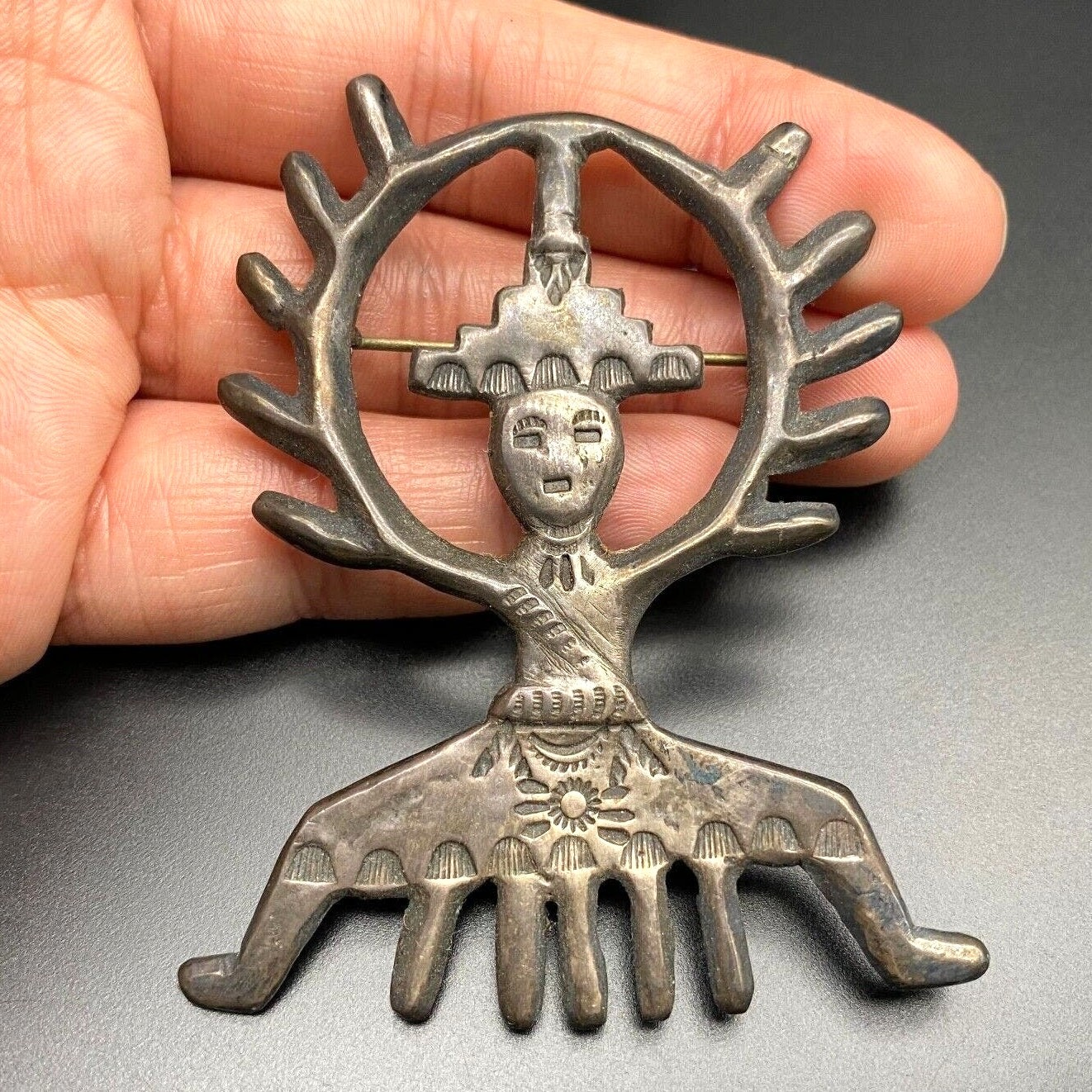 Vintage Navajo Kachina Hand Stampwork Sandcast Silver Pin Brooch - Need Repair