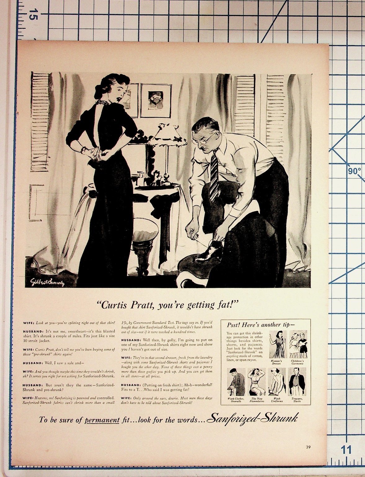 Vintage 1940s Sanforized-Shrunk Fabric Ad Gilbert Bundy Art "Curtis Pratt" Vintage 1940s Sanforized-Shrunk Fabric Ad Gilbert Bundy Art "Curtis Pratt"