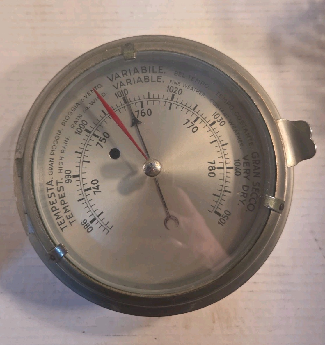 Vintage Italian Aneroid Barometer 8" Hinged Set Pointer Nautical Beveled Glass