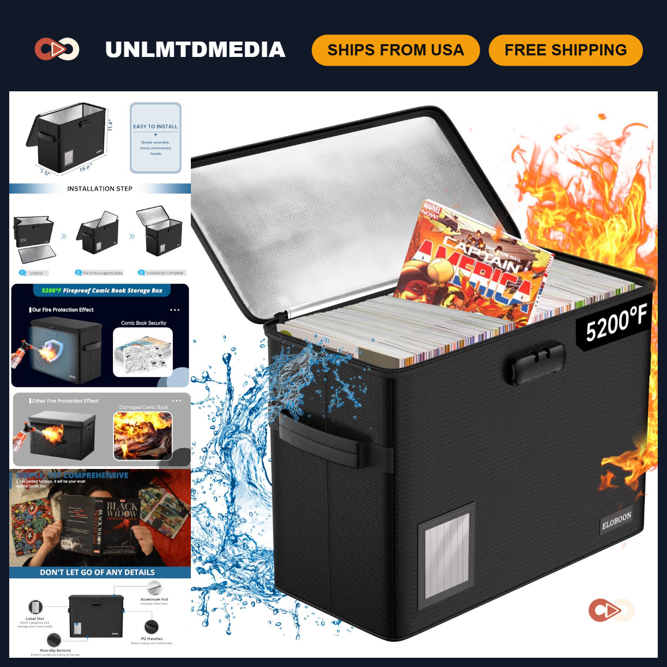 Fireproof Comic Book Storage Box with Lock - Holds 150-175 Comics, 5200℉ Protect