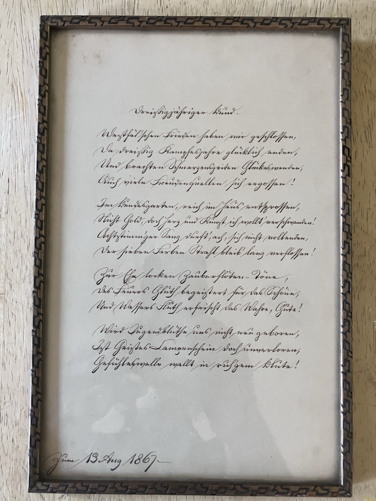 Antique 1867 Handwritten Love Poem In German. THIRTY YEAR BOND. Framed.