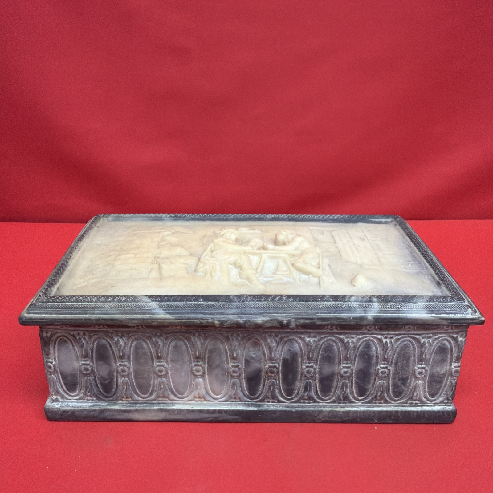 Vintage Genuine Incolay Stone Jewelry Trinket Box Handcrafted USA Figural Scene Vintage Genuine Incolay Stone Jewelry Trinket Box Handcrafted USA Figural Scene