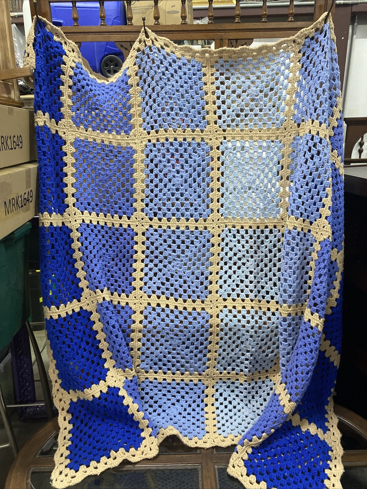 Vintage hand crochet Approx 90x60 Sq pattern large afghan blanket blue & beige