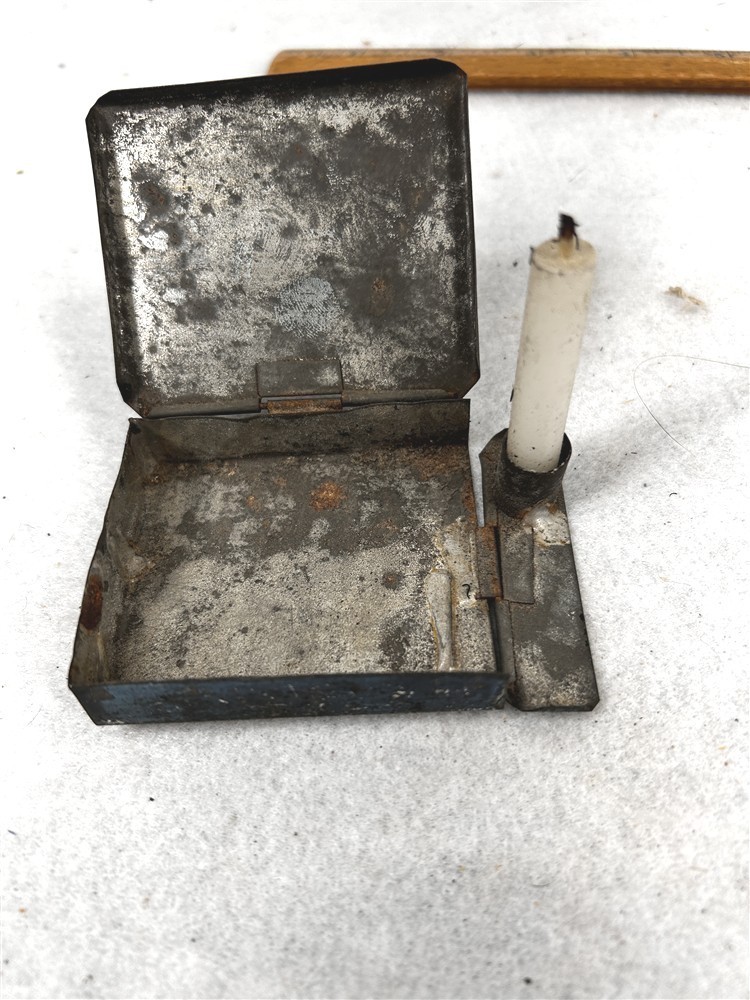 antique tin tinder candle holder box folding travel rare Civil War Era original antique tin tinder candle holder box folding travel rare Civil War Era original