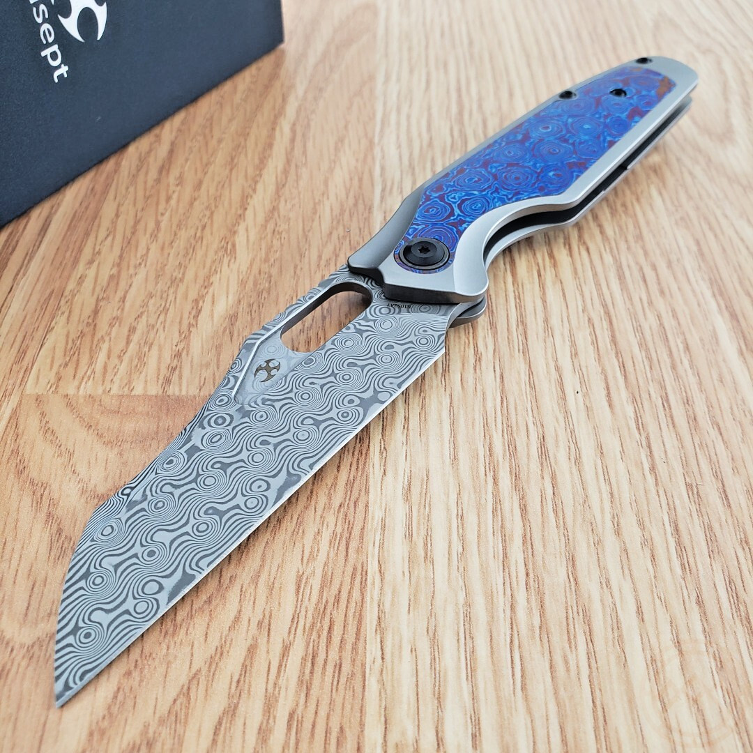 Kansept Knives Tuckamore Folding Knife 3.5" Damascus Steel Blade Titanium Handle