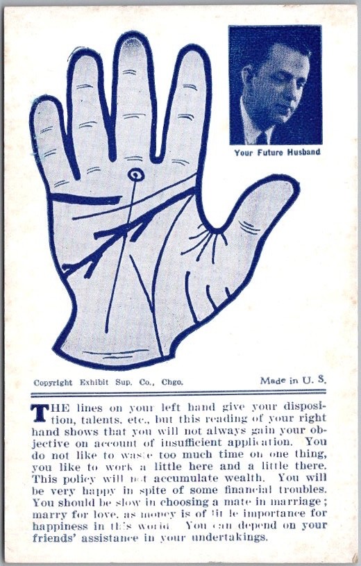 c1930s Palm-Reading FORTUNE Arcade Card "This Reading of Your Right Hand-" c1930s Palm-Reading FORTUNE Arcade Card "This Reading of Your Right Hand-"