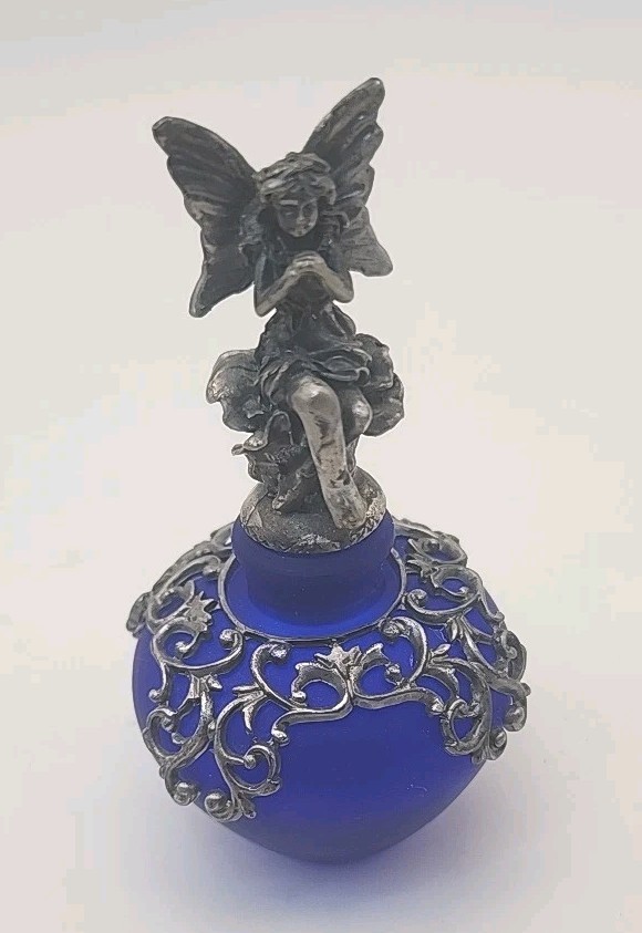 Vtg Cobalt Satin Blue Glass Perfume Bottle Pewter Collar FairyFae Stopper Potion Vtg Cobalt Satin Blue Glass Perfume Bottle Pewter Collar FairyFae Stopper Potion