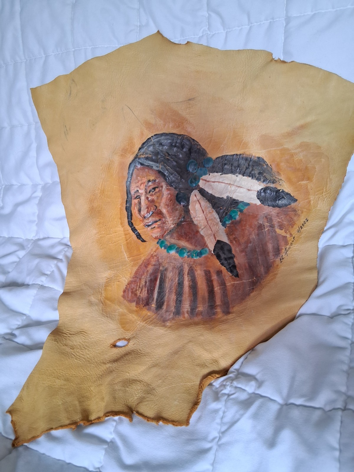 Native American Indian Painting on Leather Hide Hand Painted LL Stewart Vintage Native American Indian Painting on Leather Hide Hand Painted LL Stewart Vintage