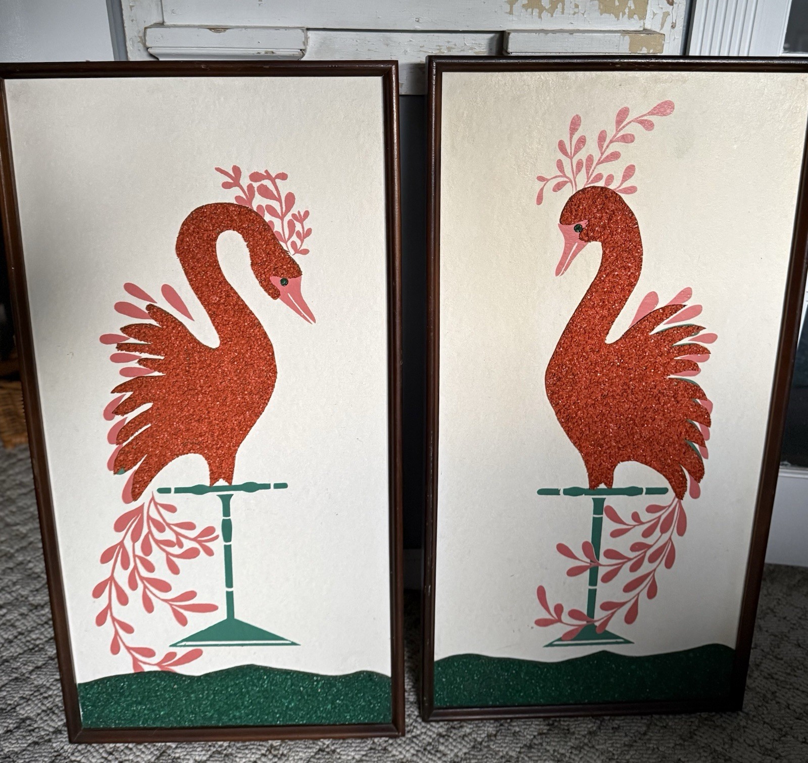 Vintage MCM 1960's Peacock Tropical Birds Gravel Art Wall Hanging Set of 2
