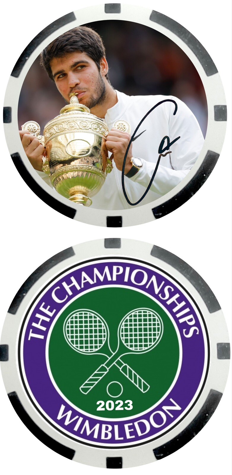 Carlos Alcaraz - 2023 WIMBLEDON CHAMPION - NOVELTY POKER CHIP *SIGNED* Carlos Alcaraz - 2023 WIMBLEDON CHAMPION - NOVELTY POKER CHIP *SIGNED*