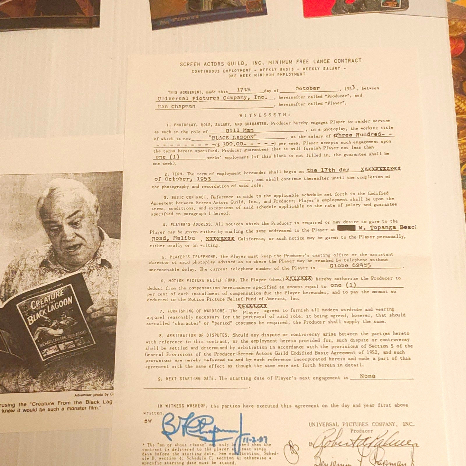 Screen Actors Guild Minimum Base Contract Signed Ben Chapman Screen Actors Guild Minimum Base Contract Signed Ben Chapman