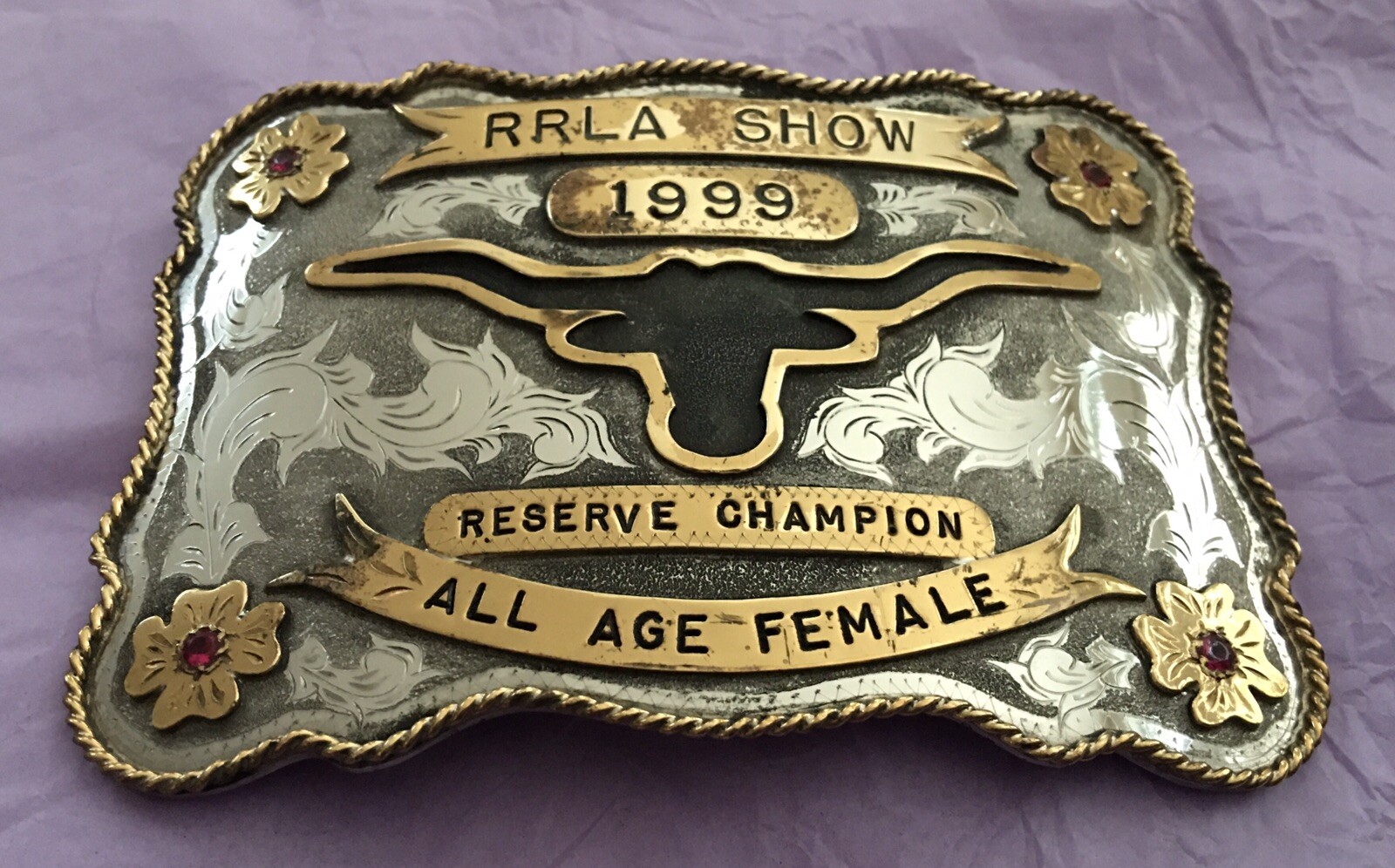Vintage 1999 RRLA Show Reserve Champion All Age Female Trophy Belt Buckle Vintage 1999 RRLA Show Reserve Champion All Age Female Trophy Belt Buckle