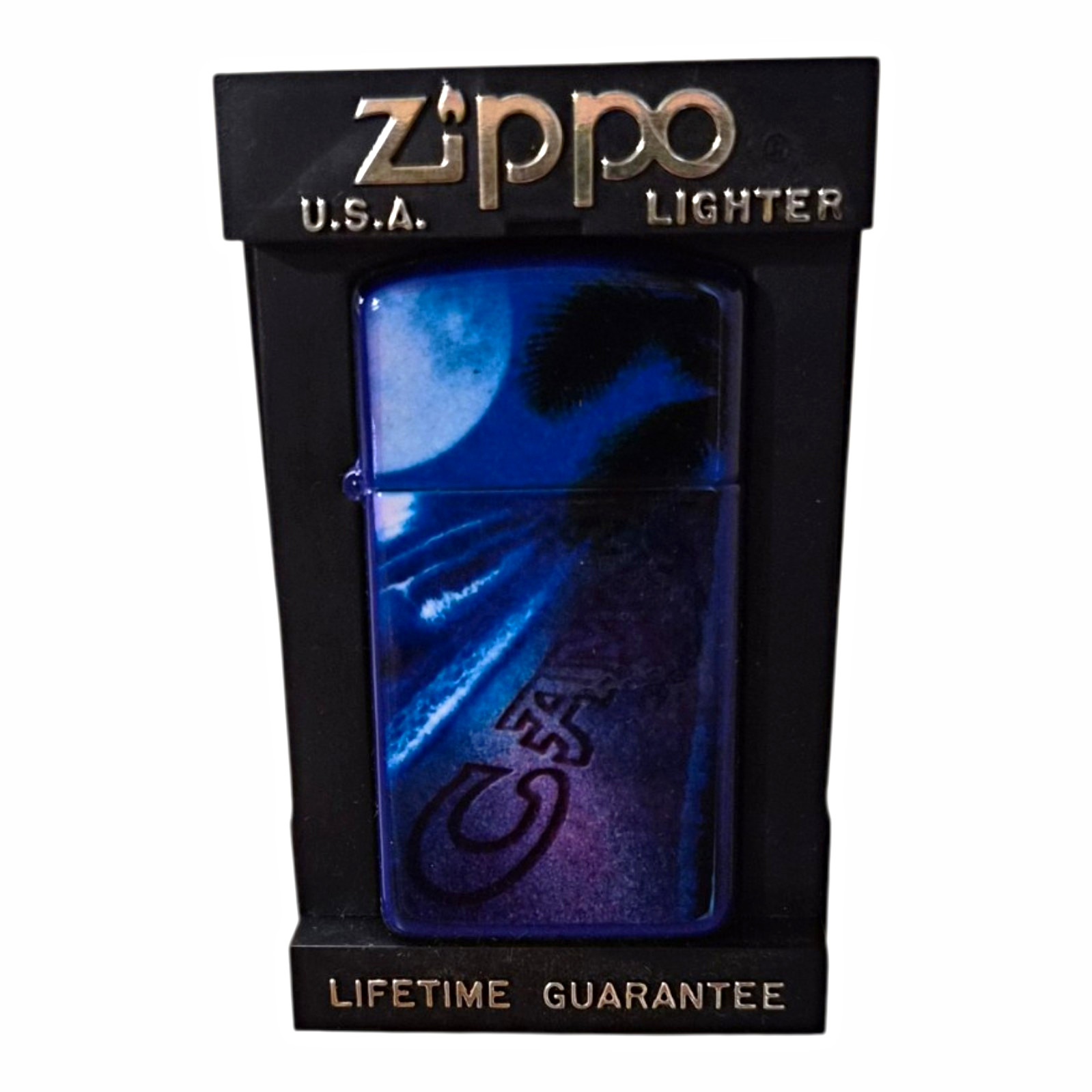 Vintage 1993 Camel Slim Zippo Lighter Blue Purple Tropical Beach New Sealed Vintage 1993 Camel Slim Zippo Lighter Blue Purple Tropical Beach New Sealed