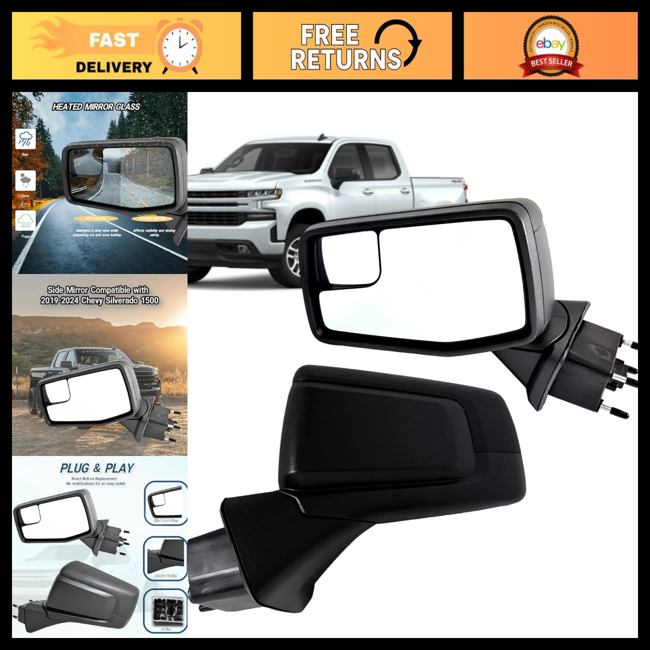Left Driver Side Mirror Compatible With 2019-2024 Chevy Silverado 1500 With Powe Left Driver Side Mirror Compatible With 2019-2024 Chevy Silverado 1500 With Powe