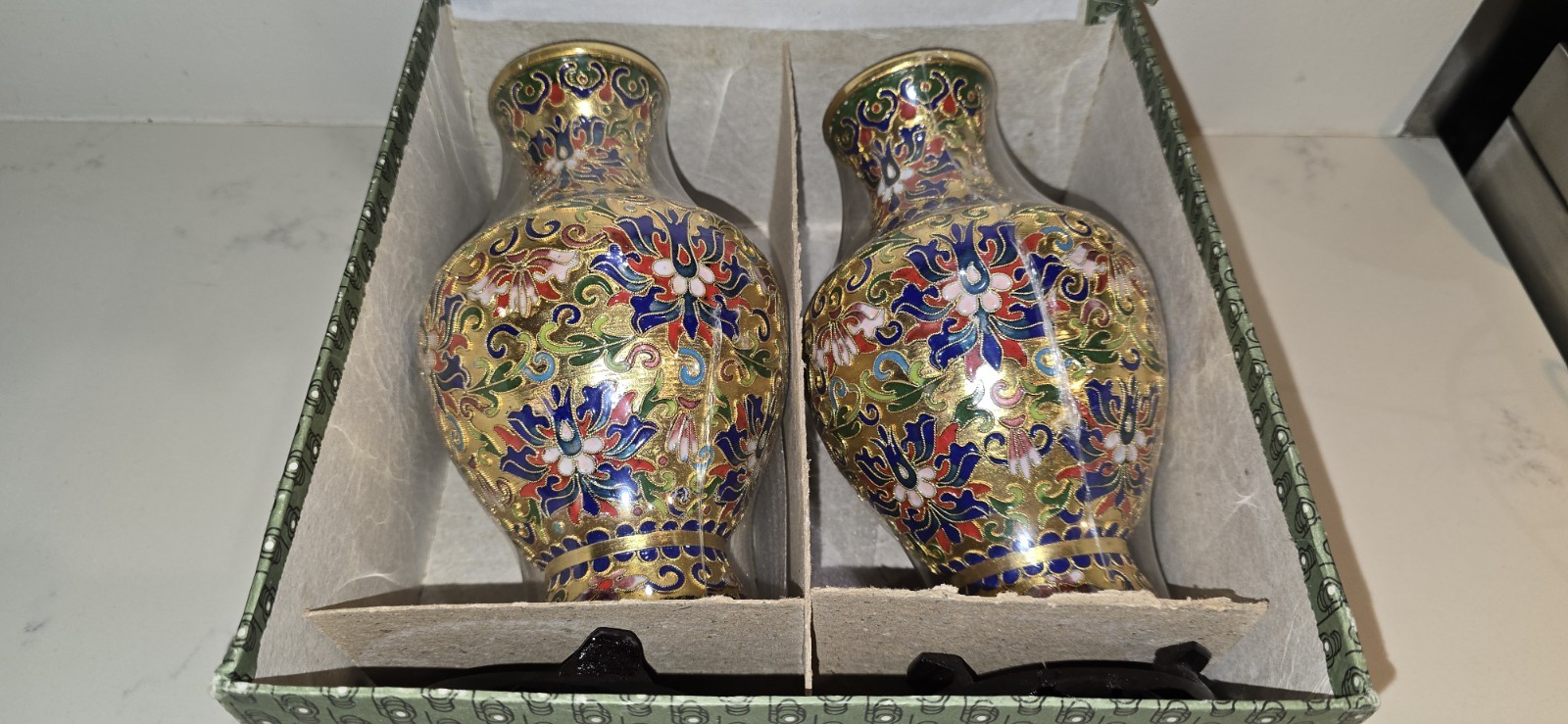 Pair of vintage miniature Chinese cloisonné brass and enamel floral bud vases