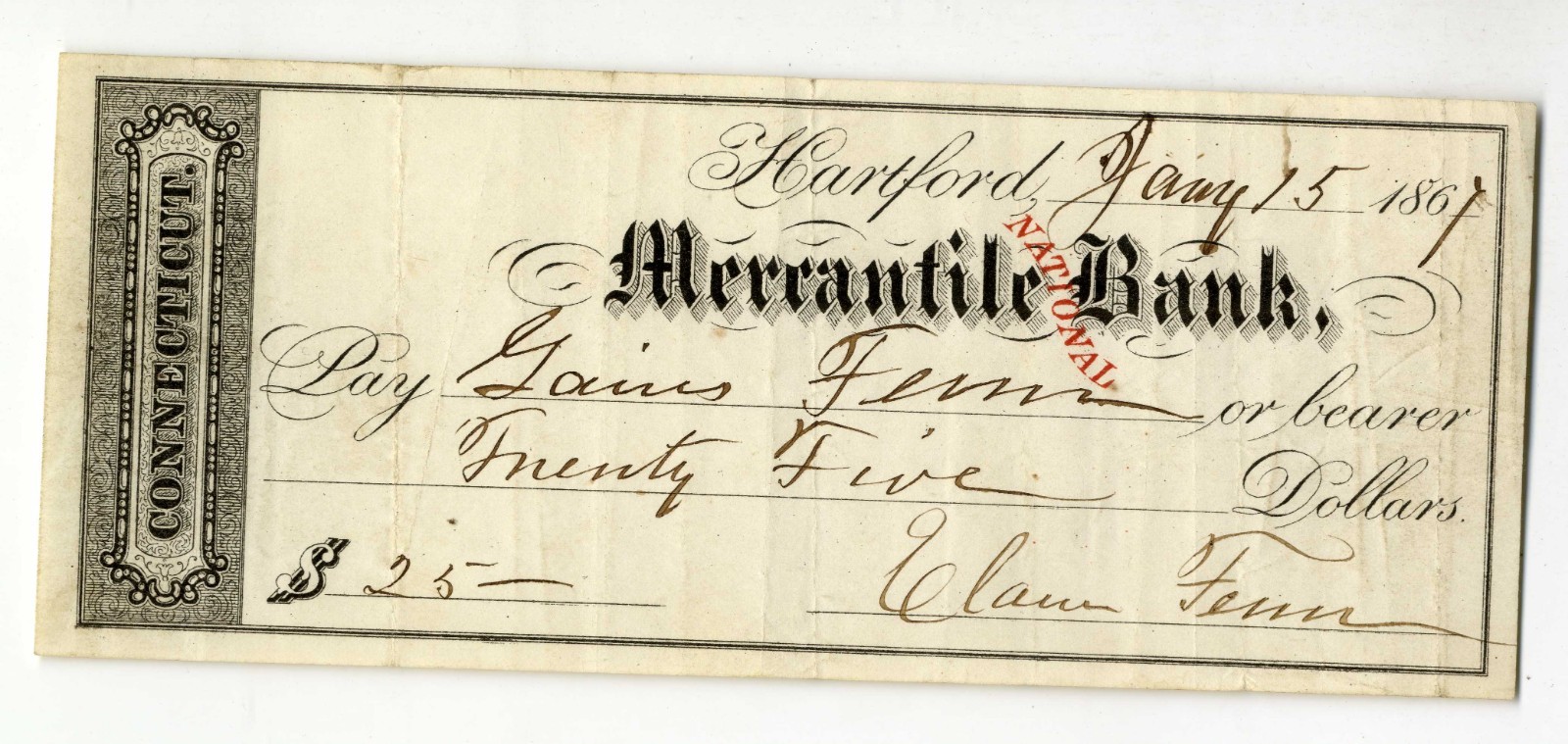 1867 FENN FAMILY Signed Check b42 1867 FENN FAMILY Signed Check b42