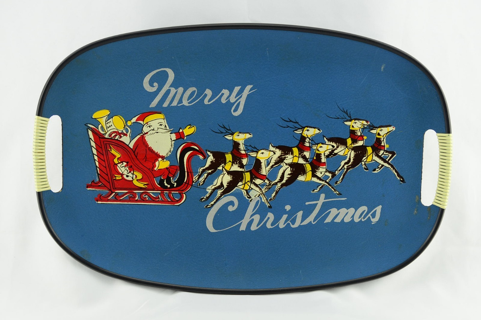 Vintage Merry Christmas Santa Claus and Reindeer Blue Fiberboard Serving Tray Vintage Merry Christmas Santa Claus and Reindeer Blue Fiberboard Serving Tray