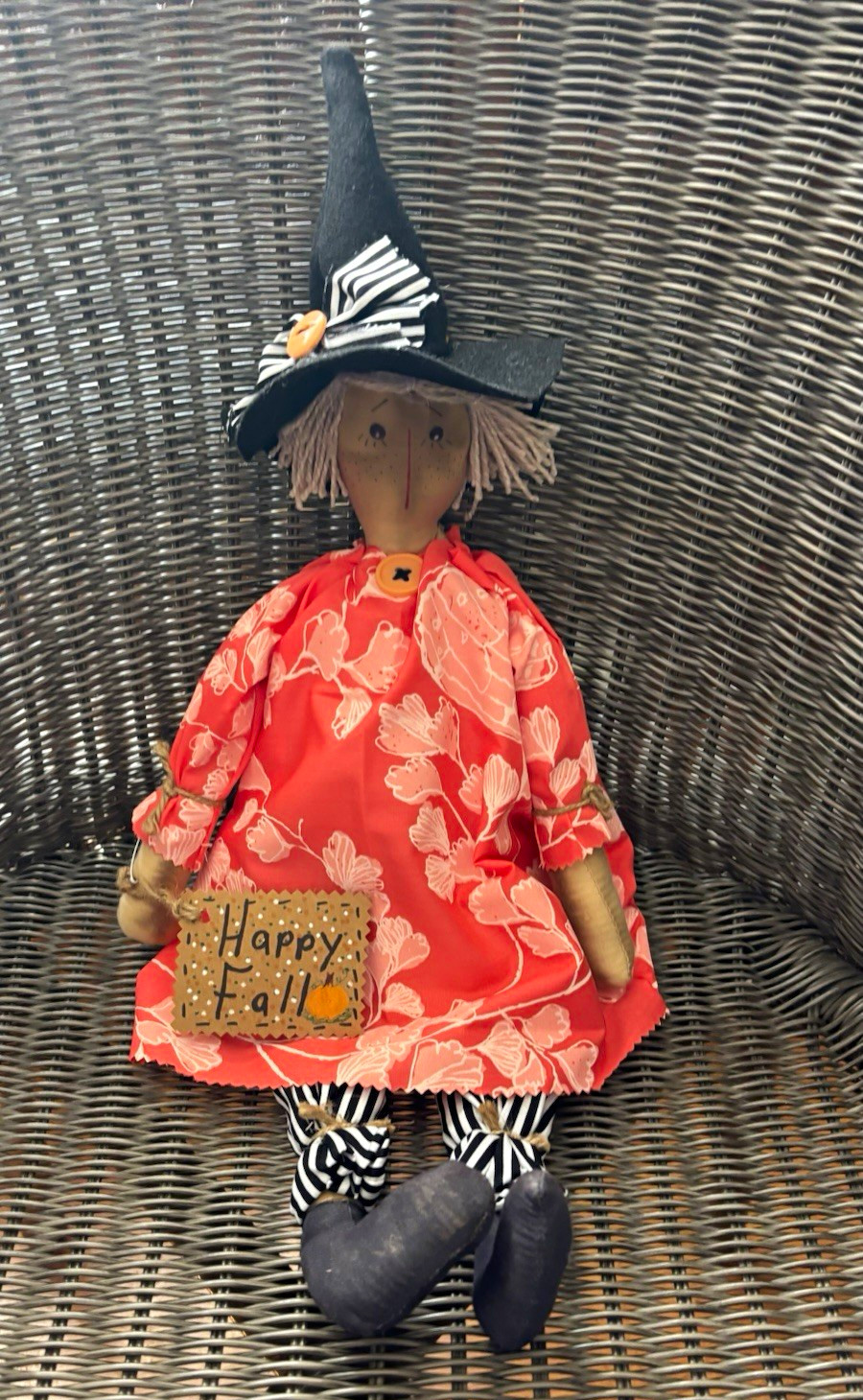 OOAK Halloween Fall Fabric Witch Figurine 3D Effect Orange Dress Happy Fall OOAK Halloween Fall Fabric Witch Figurine 3D Effect Orange Dress Happy Fall