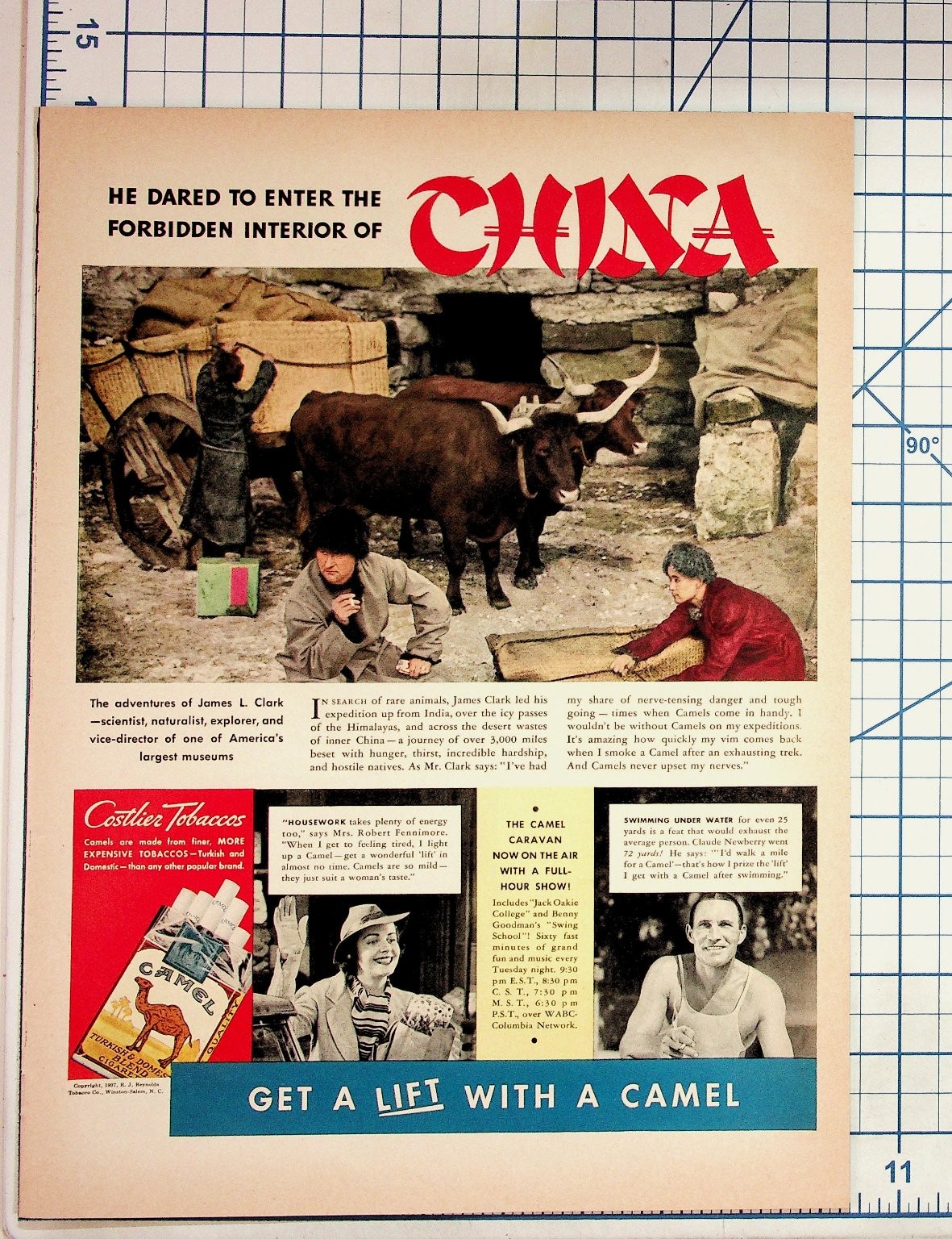 1937 Camel Cigarettes Ad James L. Clark China Explorer Vintage Magazine Print 1937 Camel Cigarettes Ad James L. Clark China Explorer Vintage Magazine Print