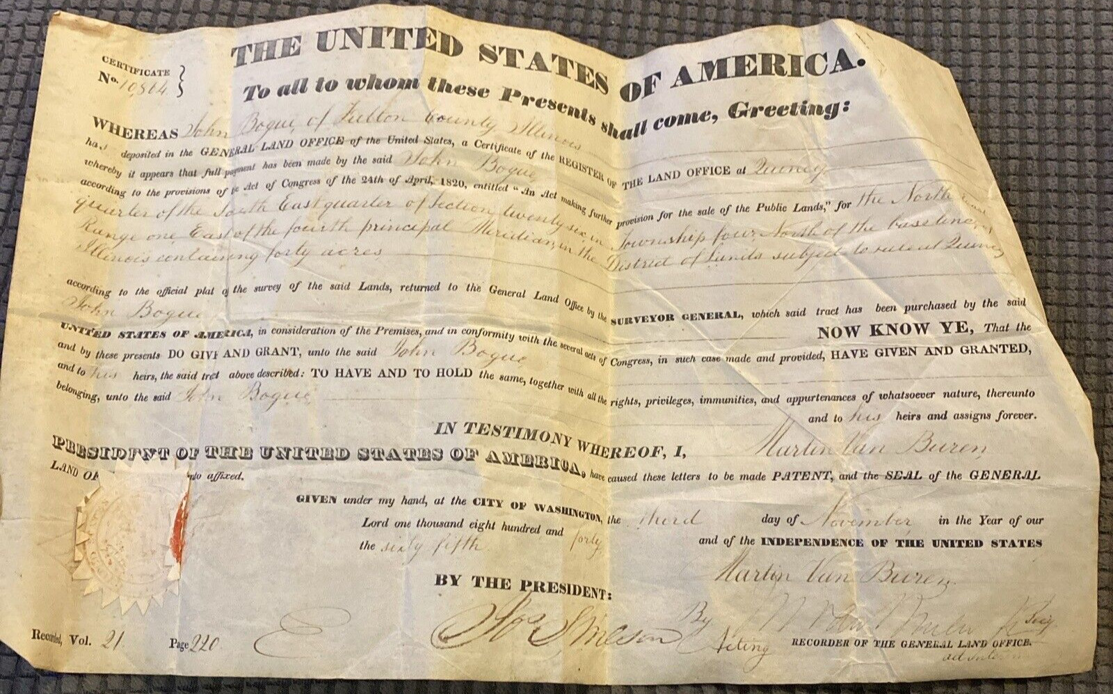 1840 US Land Grant To John Bogue-Fulton Co. Ill.- Martin Van Buren 1840 US Land Grant To John Bogue-Fulton Co. Ill.- Martin Van Buren