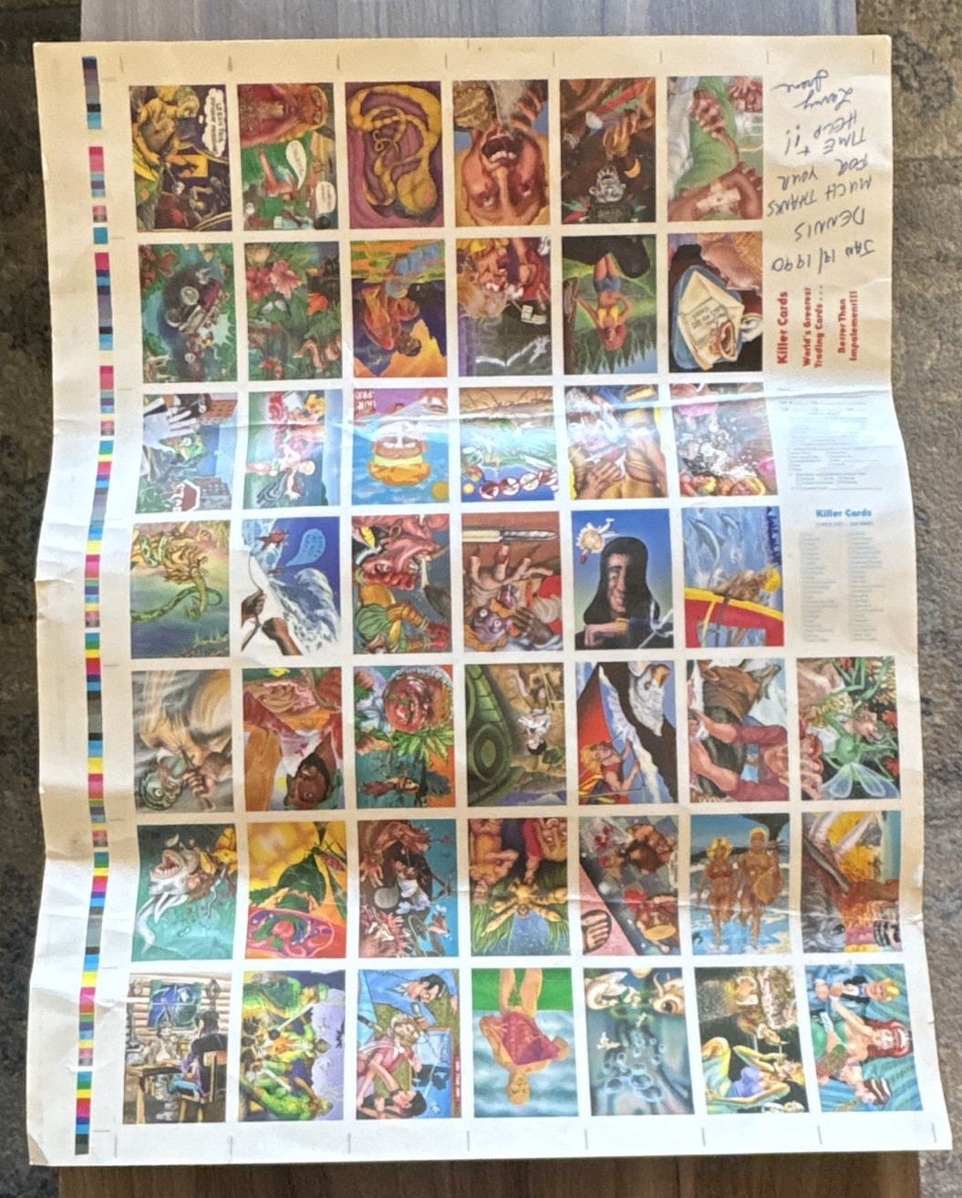 20” x 26” RARE Uncut Sheet of "Killer Cards" 2nd Series SIGNED Dated 1/19/1990 20” x 26” RARE Uncut Sheet of "Killer Cards" 2nd Series SIGNED Dated 1/19/1990