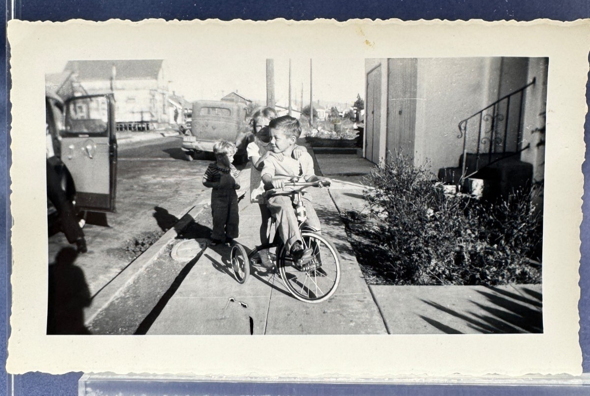 Vintage old found photo 1930s B&W Children Bicycle Sidewalk Car Houses Street Vintage old found photo 1930s B&W Children Bicycle Sidewalk Car Houses Street