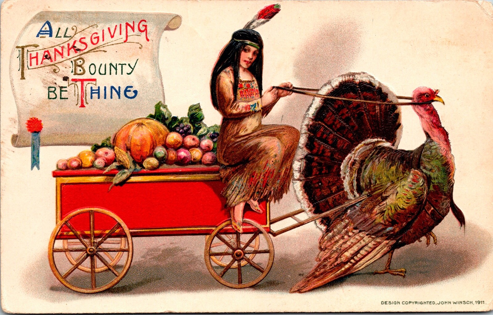 Vintage 1911 Schmucker Indian Winsch Woman, Turkey & Cart Thanksgiving Postcard Vintage 1911 Schmucker Indian Winsch Woman, Turkey & Cart Thanksgiving Postcard