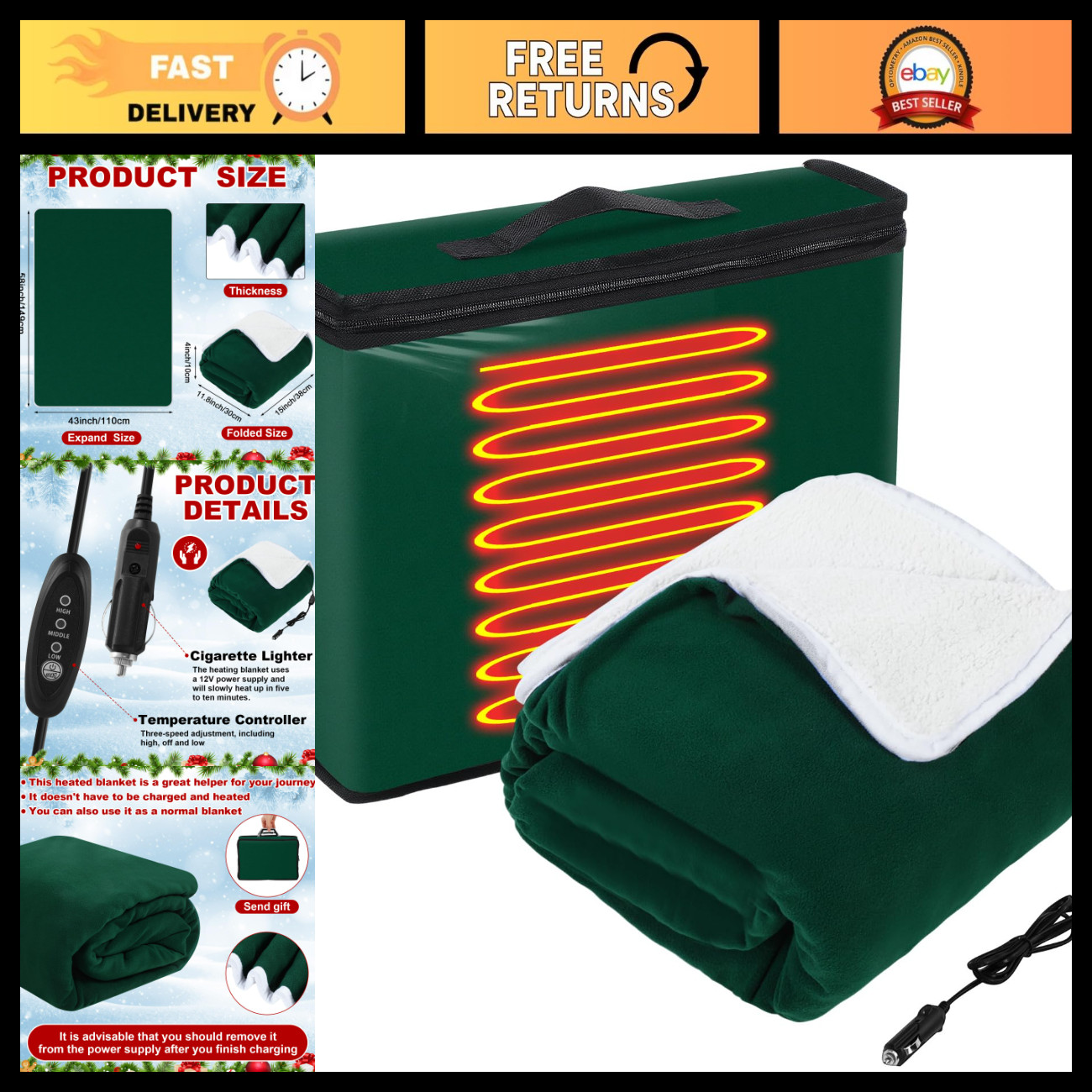 12v Heated Car Blanket 58" x 43", Dark Green, Solid 12v Heated Car Blanket 58" x 43", Dark Green, Solid