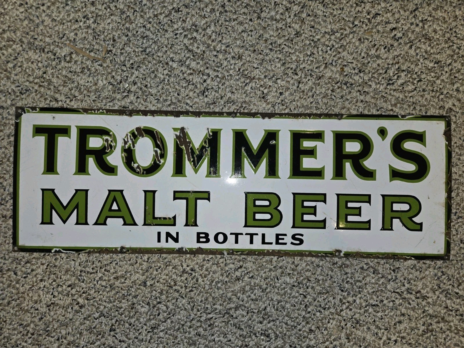 Vintage 40s Trommer's Malt Beer In Bottles Porcelain Sign,Green,White,Black,30"