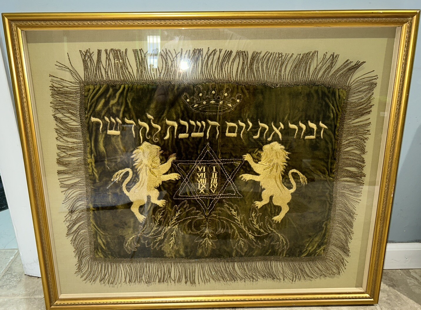 Beautiful Antique European Challah Cover Rampant Lions Embroidery Framed Jewish Beautiful Antique European Challah Cover Rampant Lions Embroidery Framed Jewish