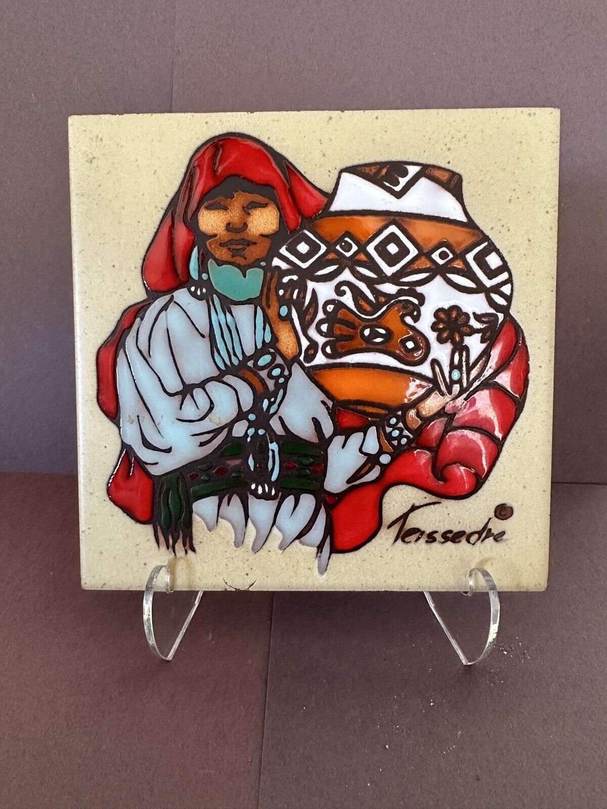 cleo teissedre Signed Pottery Tile. Hand Painted. Centerpiece Indian Woman Vntg