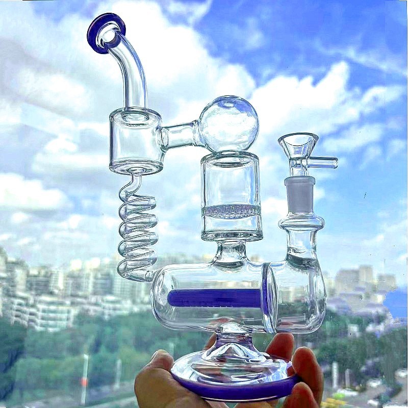 Purple Recycler rig Coil Honeycomb Multiple pipes bong Glass Water Smoking 14mm