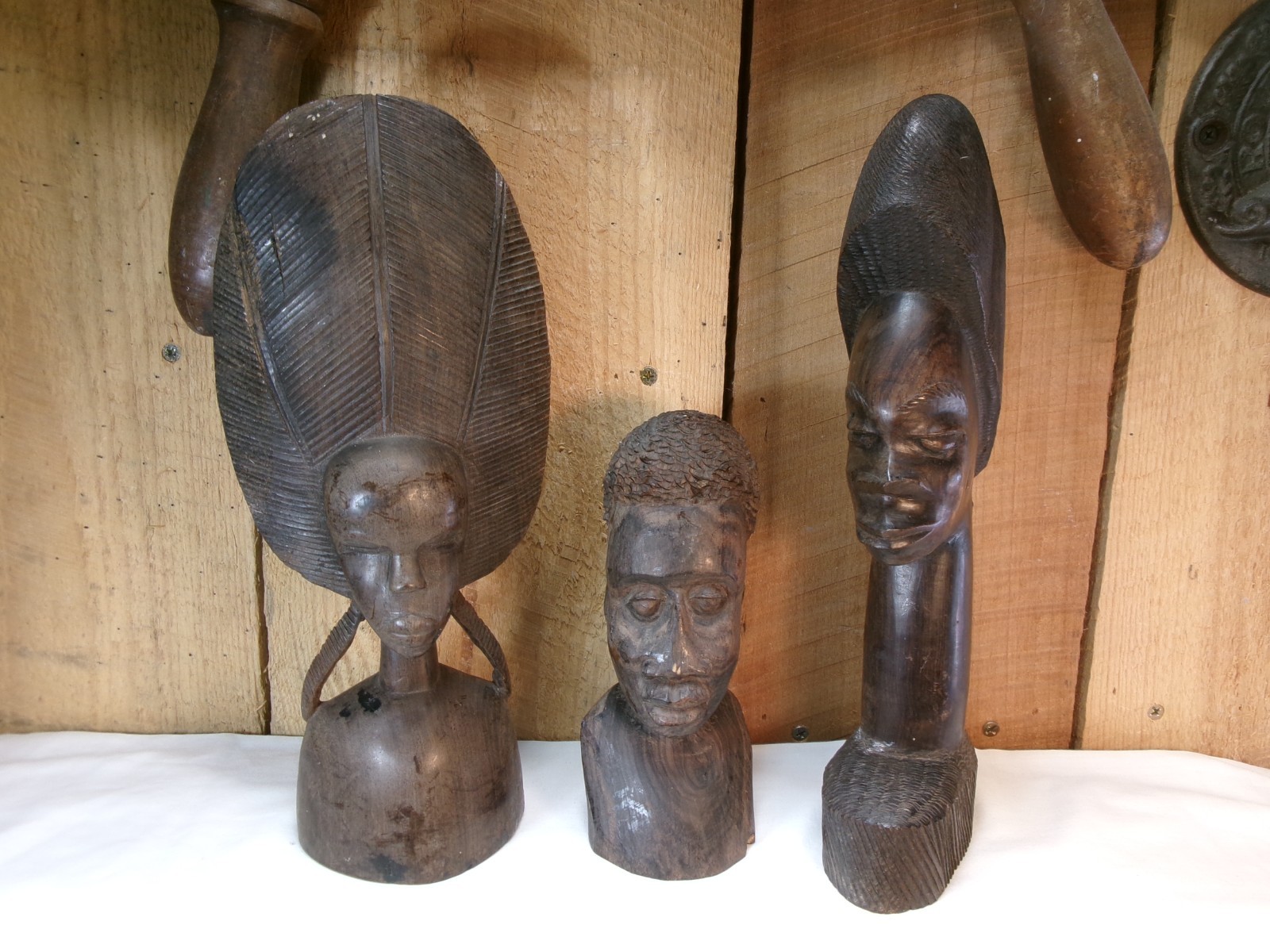 Lot of 3 Vintage Hand Carved Wooden Folk Art African Themed Statues Lot of 3 Vintage Hand Carved Wooden Folk Art African Themed Statues