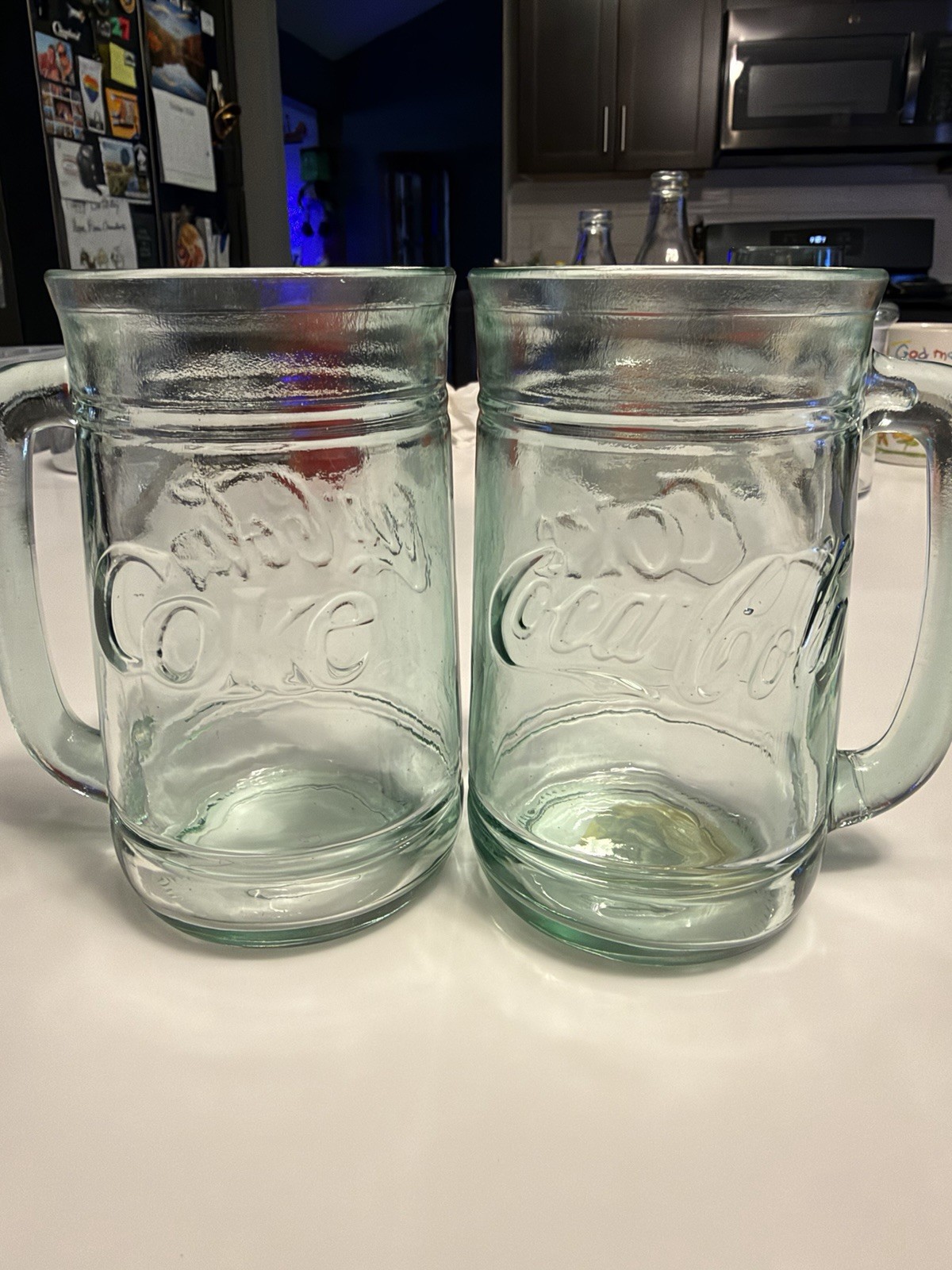 Vintage Set of (2) Coca Cola Coke Green Glass Mugs with Handles 