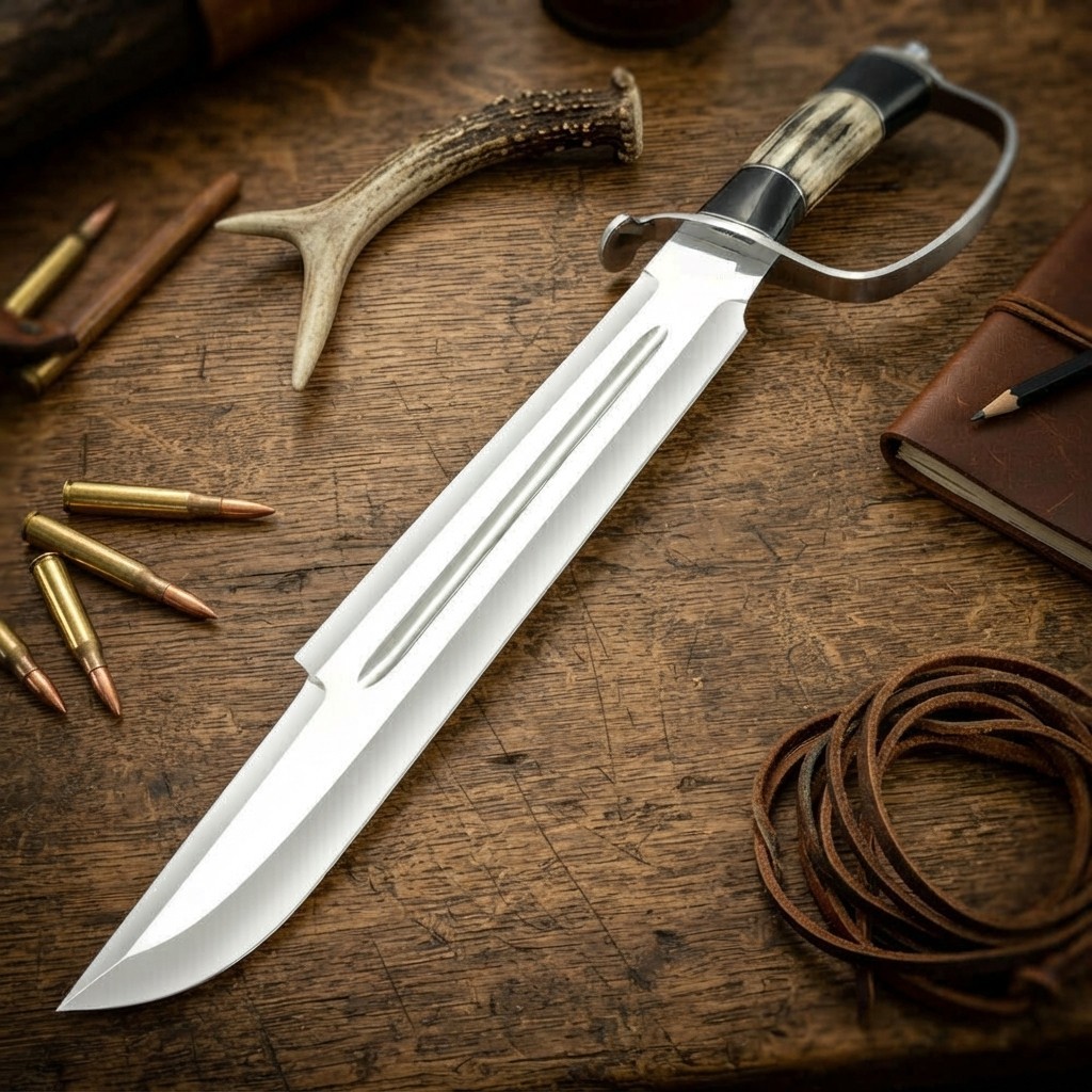 20" ONE OF KIND CUSTOM MADE D2 TOOL STEEL MACHETE, STAG HORN, HUNTING BOWIE