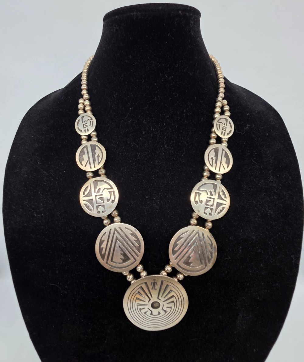 Vintage Native American Man in the Maze Necklace, Sterling Silver  24" long