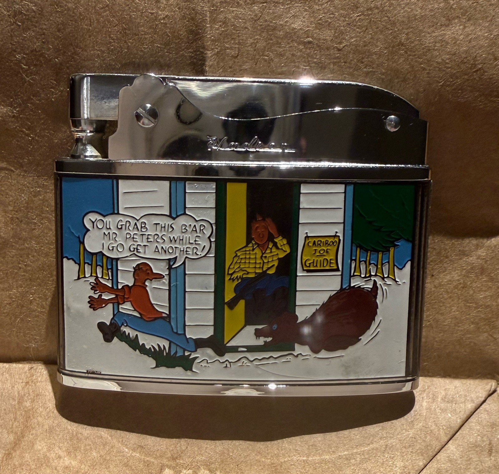 Vintage Hadson Japan Novelty Flat Lighter - Cariboo Joe Hunting Humor - Unfired