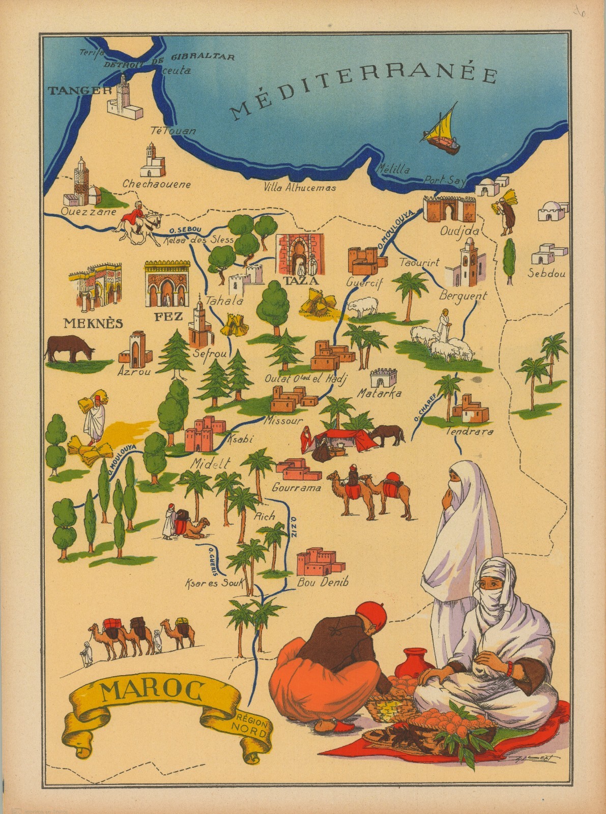 1943 Jylbert Colorful Pictorial Map of Morocco 'Maroc Region Nord' French Empire 1943 Jylbert Colorful Pictorial Map of Morocco 'Maroc Region Nord' French Empire