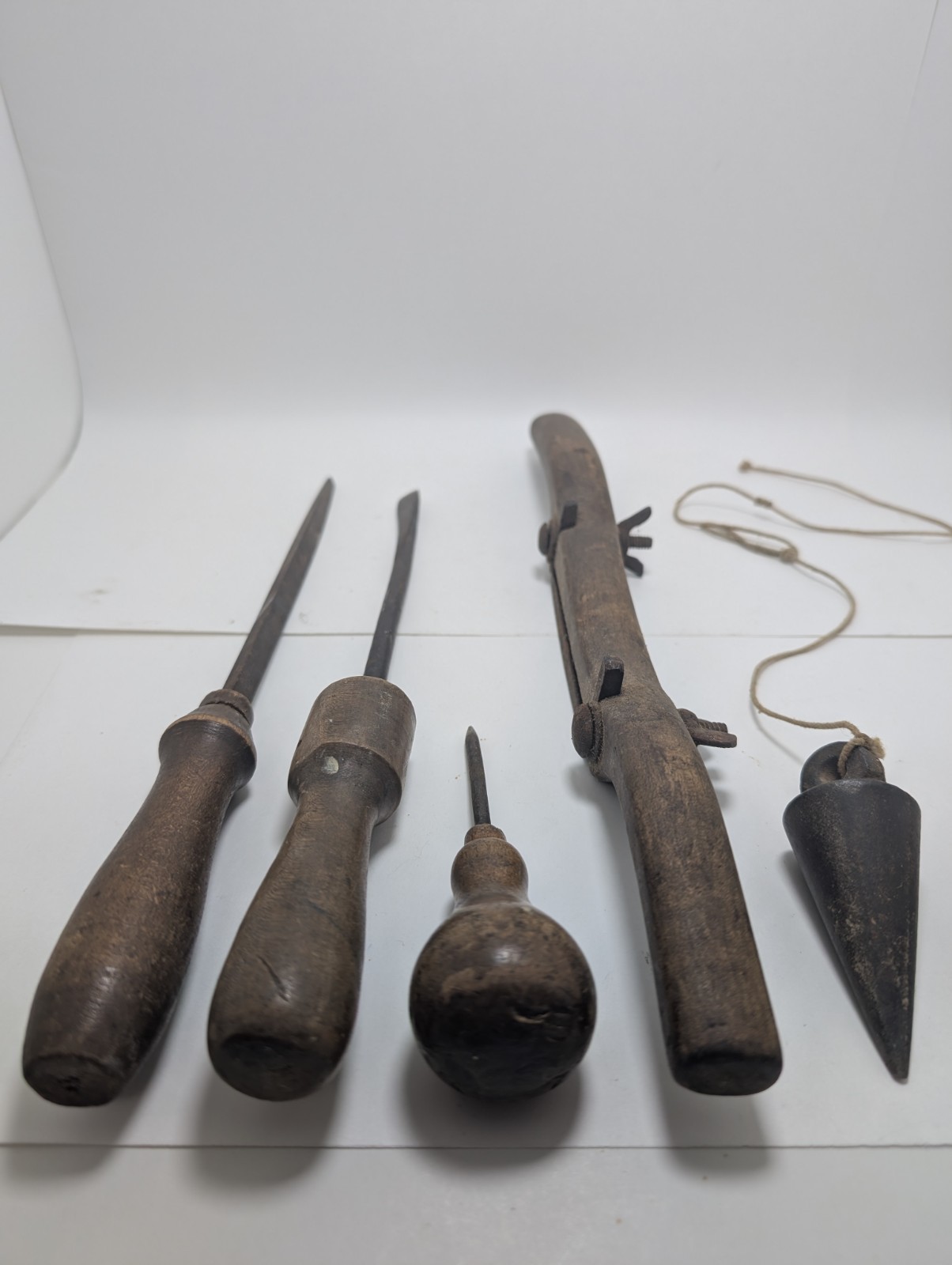 Antique Primitive Hand Tools Lot of 5 File Awl Plumb Bob Woodworking As Found