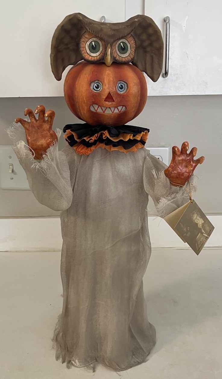Vintage Halloween Bethany Lowe Pumpkin Ghoul W/Owl Mask Paper Mache 23”H Vintage Halloween Bethany Lowe Pumpkin Ghoul W/Owl Mask Paper Mache 23”H