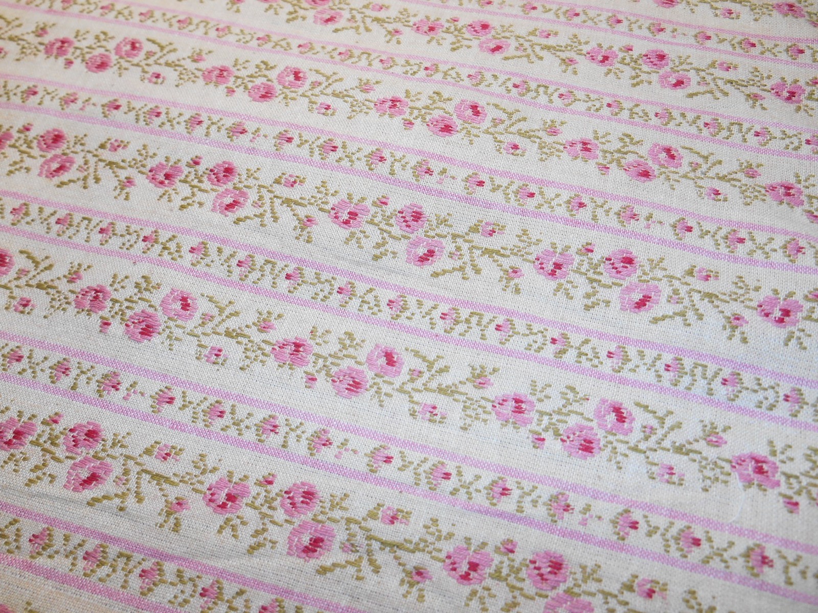 Vintage French Jacquard Woven Textile Cotton Fabric PINK ROSES Stripes 56" Wide