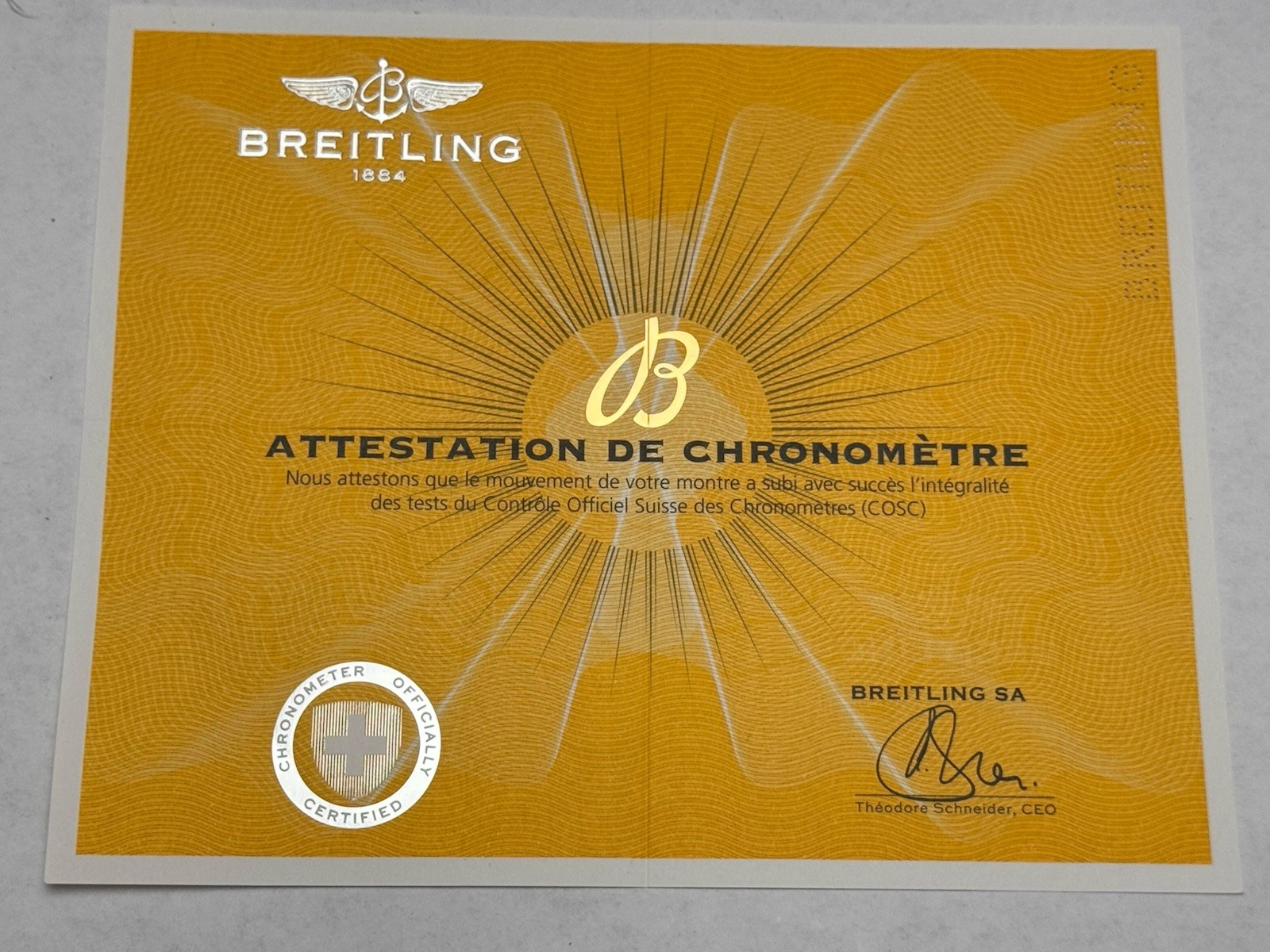 Original Breitling COSC Attestation de Chronometer Certificate Blank Original Breitling COSC Attestation de Chronometer Certificate Blank